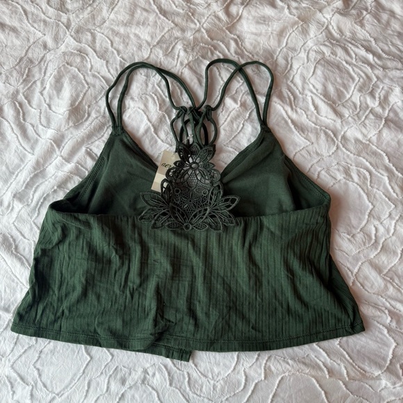 Aerie Army Green Crop Top Lace Detail Racerback Built in Bra - Picture 6 of 7